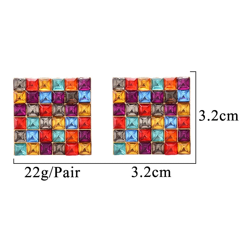 Square Metal Studded Full Colorful Crystals Drop Earrings Fine Pendientes Jewelry Accessories For Women Christmas Gift