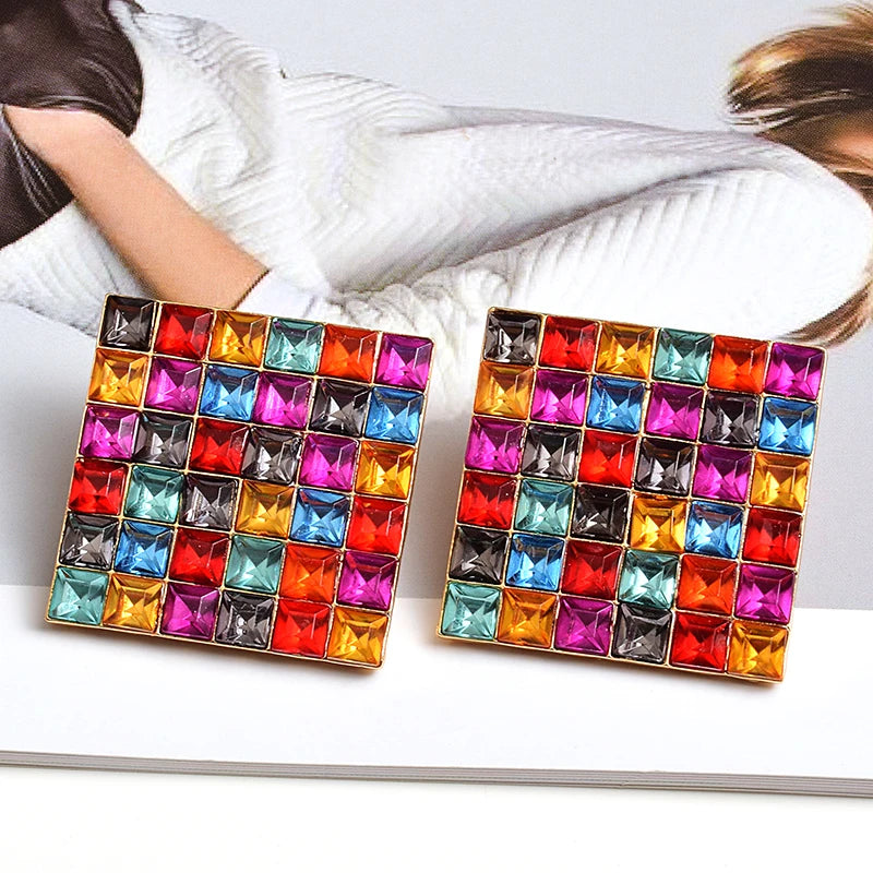 Square Metal Studded Full Colorful Crystals Drop Earrings Fine Pendientes Jewelry Accessories For Women Christmas Gift