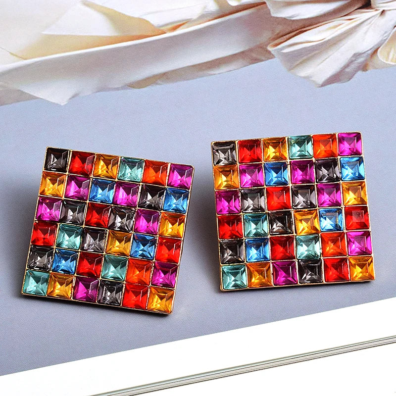 Square Metal Studded Full Colorful Crystals Drop Earrings Fine Pendientes Jewelry Accessories For Women Christmas Gift