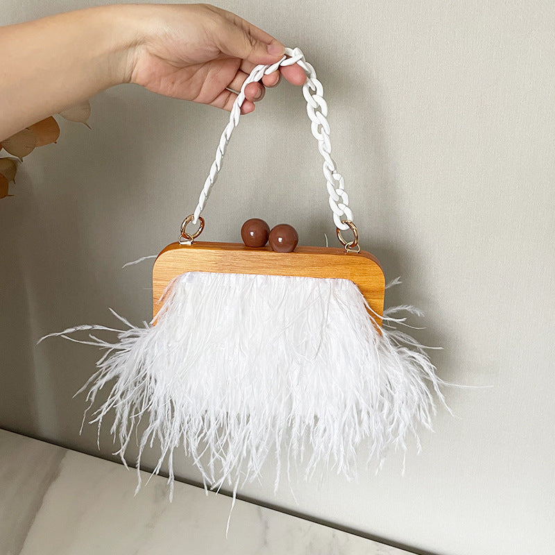 Acrylic Chain Hairy Banquet Bag Hairy Shoulder Underarm Bag Camel Bird Hair Wooden Frame Handbag for Women