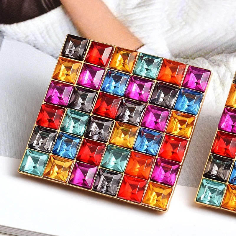 Square Metal Studded Full Colorful Crystals Drop Earrings Fine Pendientes Jewelry Accessories For Women Christmas Gift