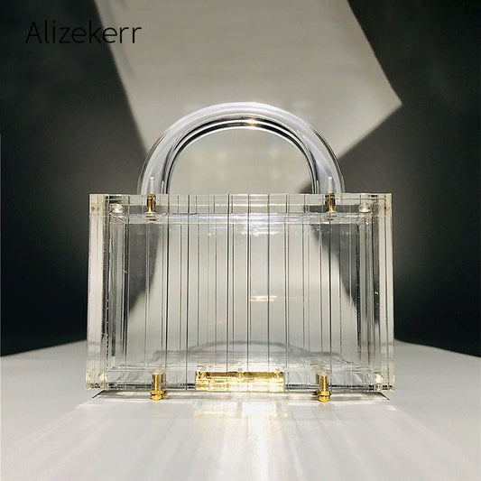 Transparent Striped Acrylic Evening Bag Women New Top Handle Small Square Clutch Purse Female Crystal Handbag High Quality