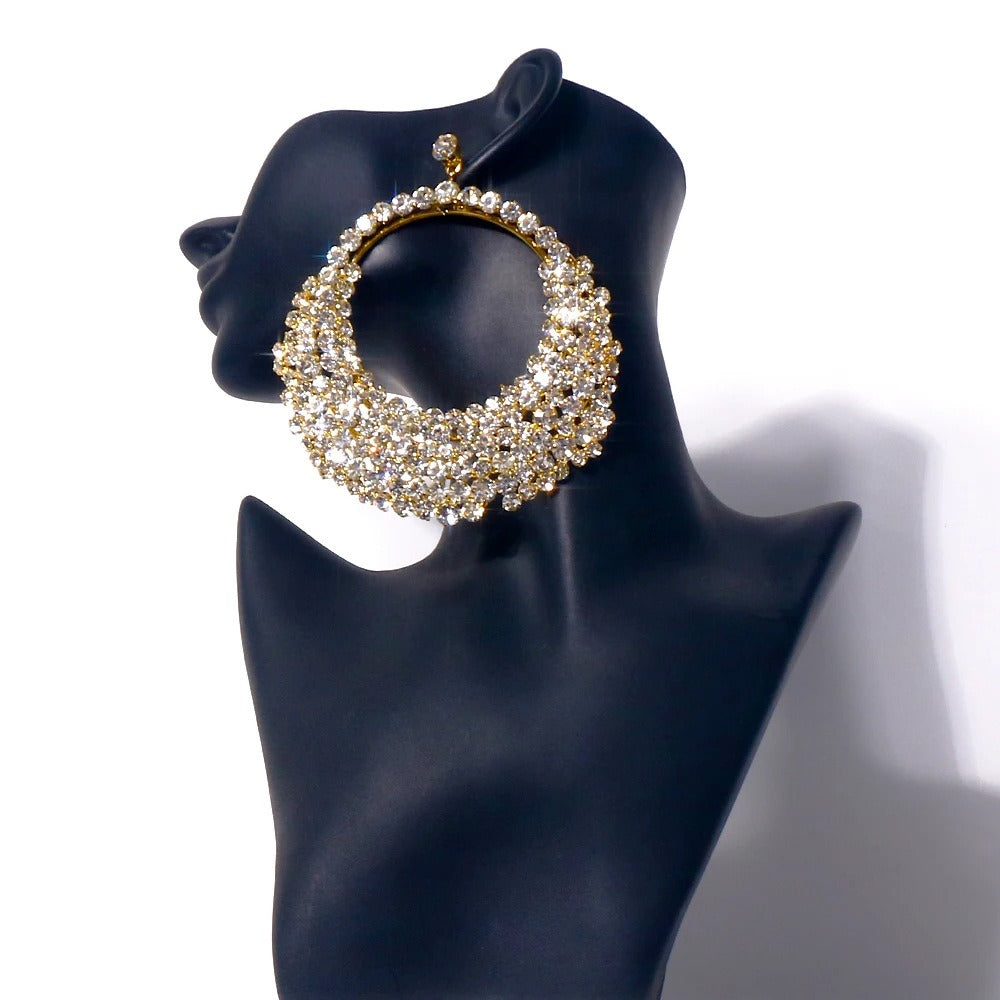 Exaggerated Circle Big Hoop Earrings Crystal Geometric Fashion Rhinestone Dangle Earrings Large Round Personality