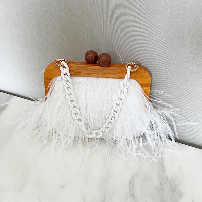 Acrylic Chain Hairy Banquet Bag Hairy Shoulder Underarm Bag Camel Bird Hair Wooden Frame Handbag for Women