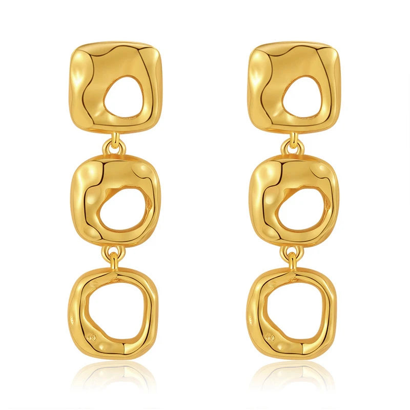 Irregular hollow design niche heavy industry metal earrings brass plated 18K gold color retention long earrings