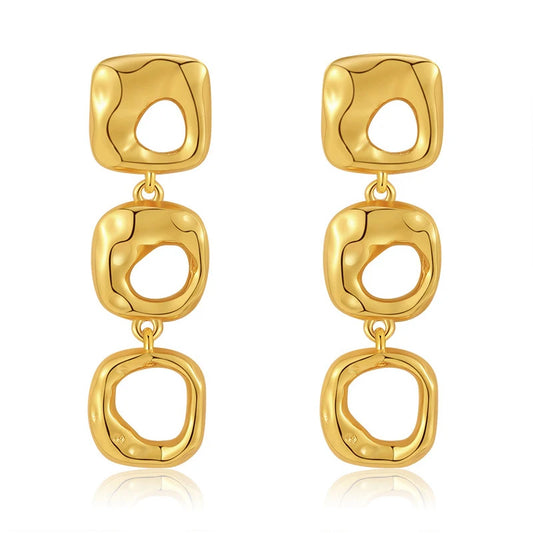Irregular hollow design niche heavy industry metal earrings brass plated 18K gold color retention long earrings