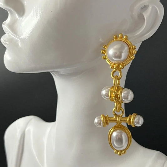 Medieval Earrings Long Retro Palace Style Pearl Earrings 925 Silver Needle