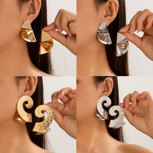 Personalized Geometric Trendy Female Irregular Earrings Double Fold Fan shaped Metal Earrings