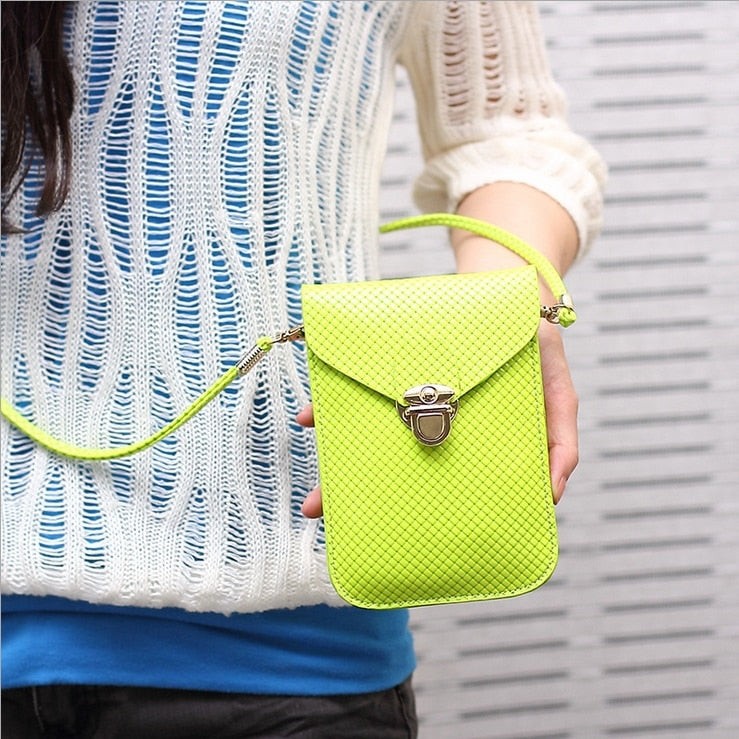 Fluorescence Colors Women Mobile Phone Bags Fashion Small Change Purse Female Woven Buckle Shoulder Bags Mini Messenger Bag