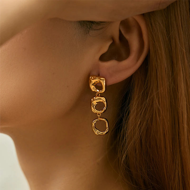 Irregular hollow design niche heavy industry metal earrings brass plated 18K gold color retention long earrings