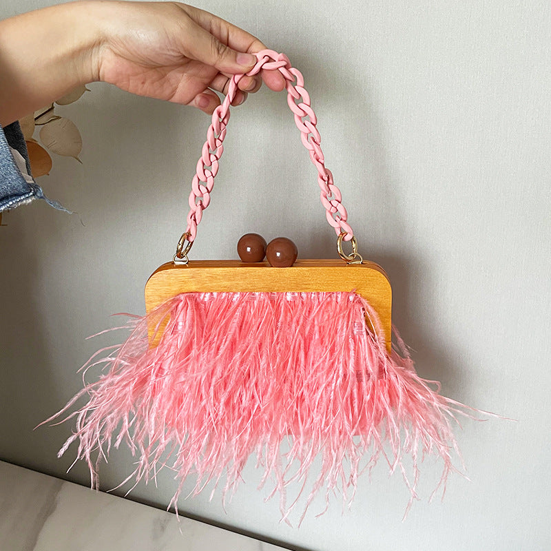 Acrylic Chain Hairy Banquet Bag Hairy Shoulder Underarm Bag Camel Bird Hair Wooden Frame Handbag for Women