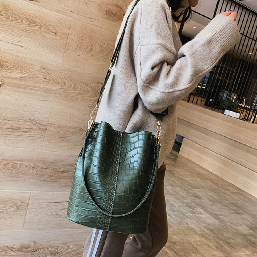 Large Capacity Alligator Bucket Bags Women Crocodile Pattern Handbag Casual Crocodile Shoulder Messenger Bags Ladies PU Purse