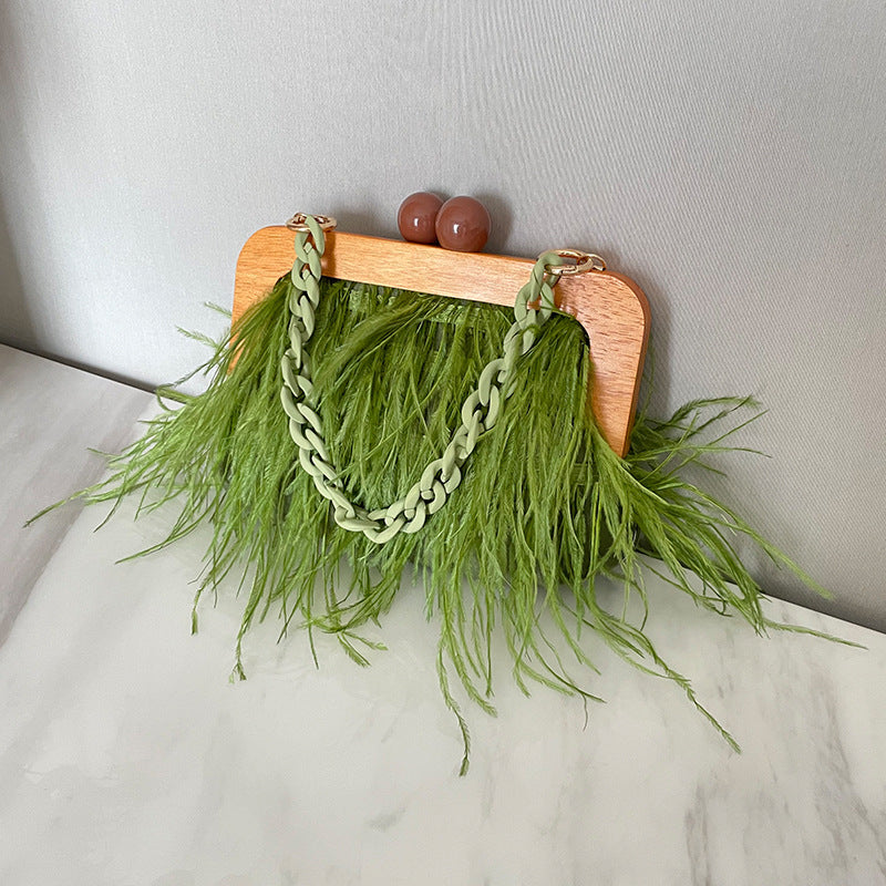 Acrylic Chain Hairy Banquet Bag Hairy Shoulder Underarm Bag Camel Bird Hair Wooden Frame Handbag for Women