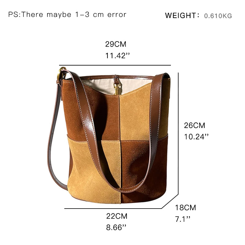 Plaid Suede Woman Bucket Bag 2pcs Set Elegant Female Shoulder Purse Large Capacity Vintage Ladies Crossbody Hobo Bag