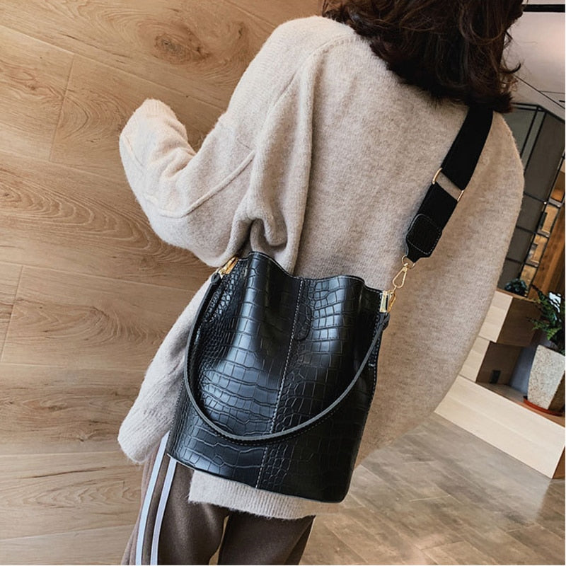 Large Capacity Alligator Bucket Bags Women Crocodile Pattern Handbag Casual Crocodile Shoulder Messenger Bags Ladies PU Purse