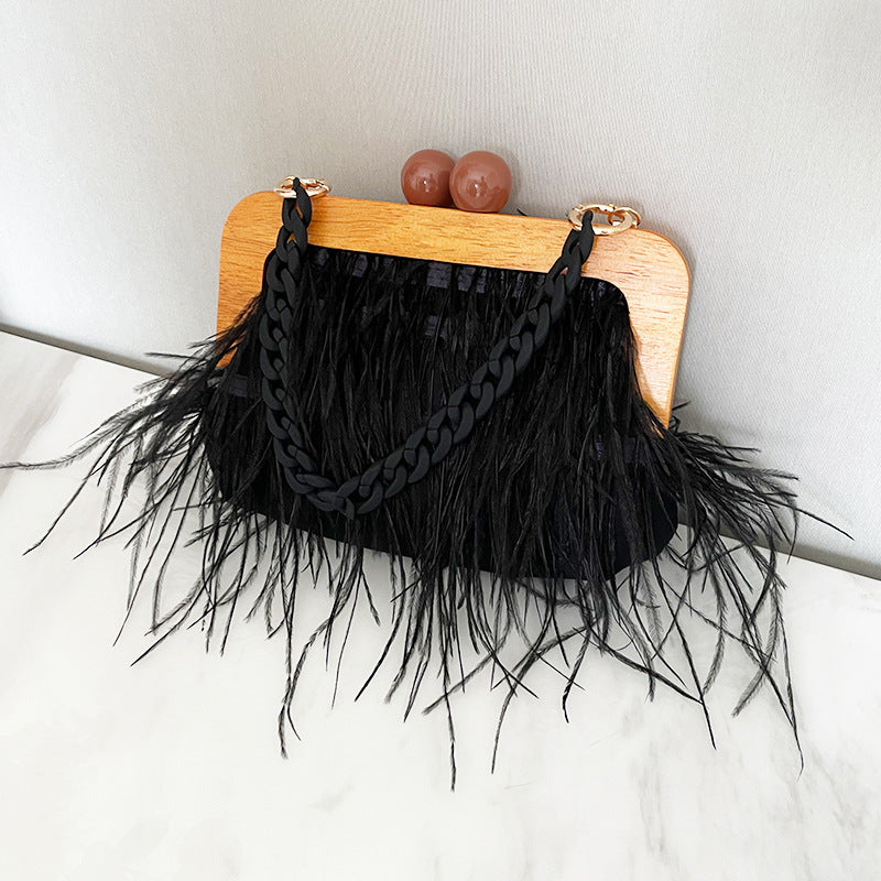 Acrylic Chain Hairy Banquet Bag Hairy Shoulder Underarm Bag Camel Bird Hair Wooden Frame Handbag for Women