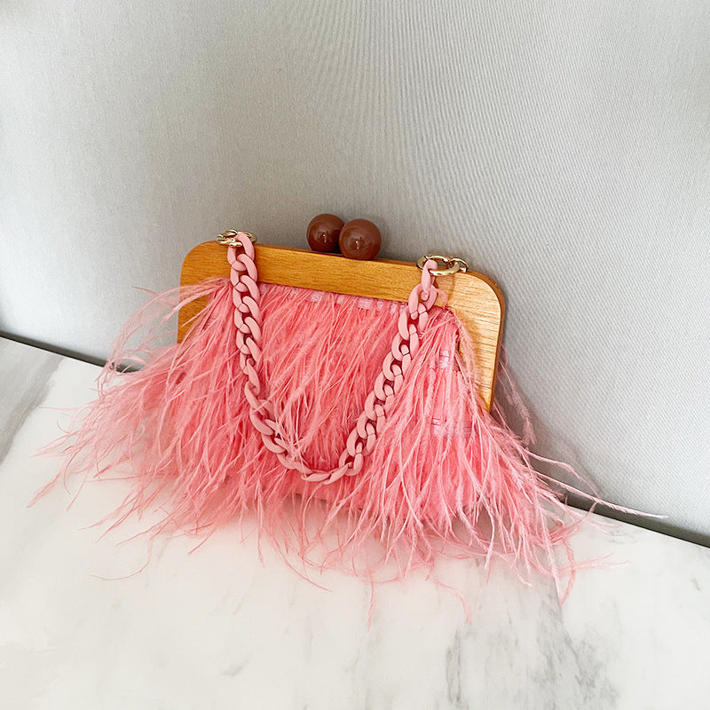 Acrylic Chain Hairy Banquet Bag Hairy Shoulder Underarm Bag Camel Bird Hair Wooden Frame Handbag for Women