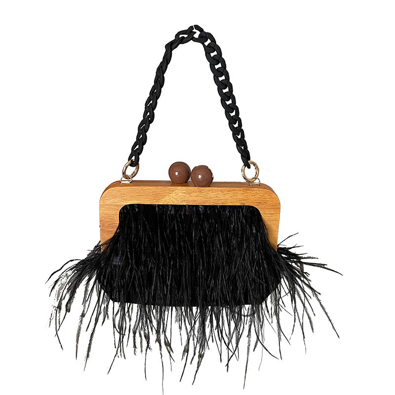 Acrylic Chain Hairy Banquet Bag Hairy Shoulder Underarm Bag Camel Bird Hair Wooden Frame Handbag for Women