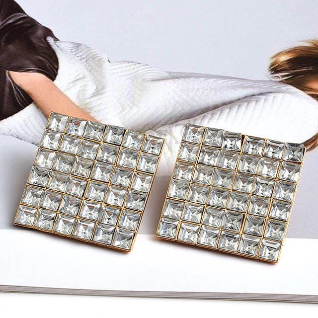 Square Metal Studded Full Colorful Crystals Drop Earrings Fine Pendientes Jewelry Accessories For Women Christmas Gift