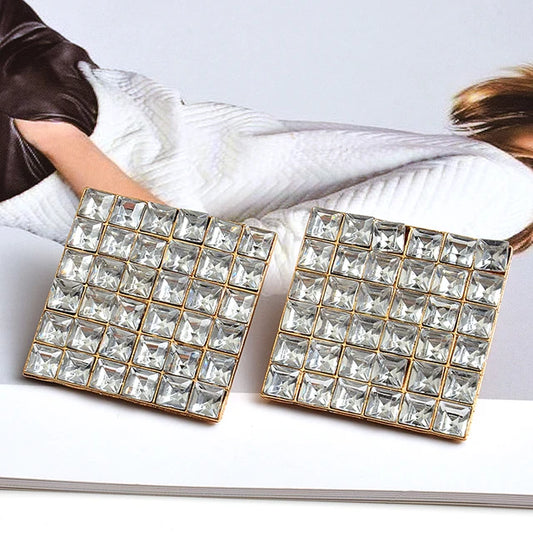 Square Metal Studded Full Colorful Crystals Drop Earrings Fine Pendientes Jewelry Accessories For Women Christmas Gift