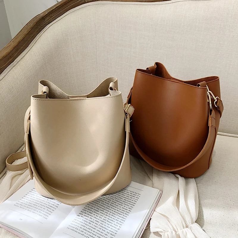 casual wide strap buckets bag designer women shoulder bags luxury pu crossbody bag large capacity messenger bag simply purses